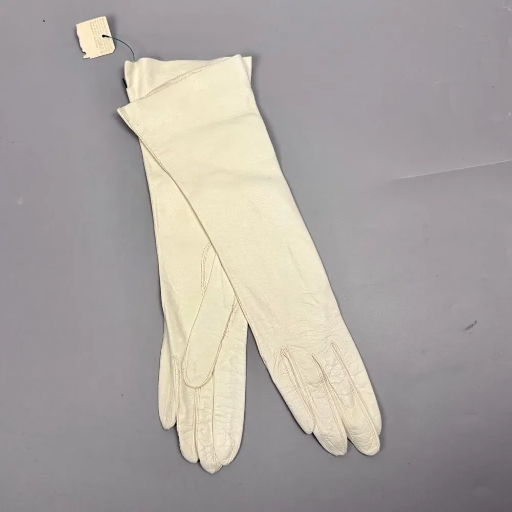 Vintage 1950s - 60s Ivory Long Gloves Washable Leather S. Klein Size 6.5 Italy